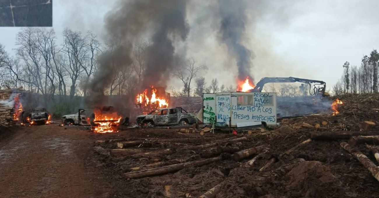 Atentado incendiario en Mulchén destruye siete vehículos en faena forestal de CMPC