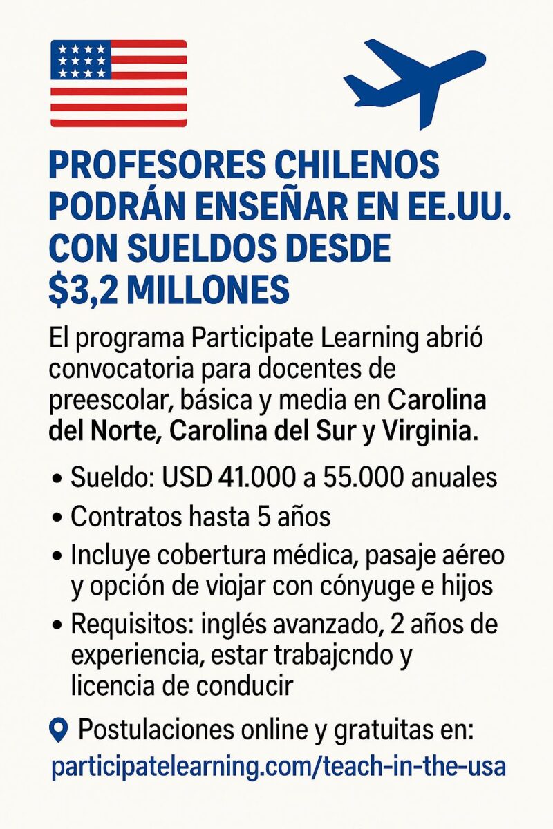 Profesores chilenos podrán postular para trabajar en Estados Unidos con sueldos desde $3 millones Profesores chilenos podrán postular para trabajar en Estados Unidos con sueldos desde $3 millones