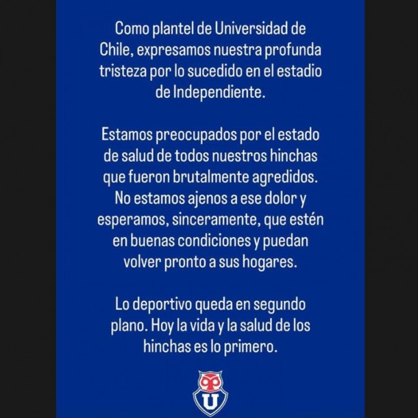 Plantel de Universidad de Chile lamenta violentos incidentes en Argentina: "Lo deportivo queda en segundo plano"